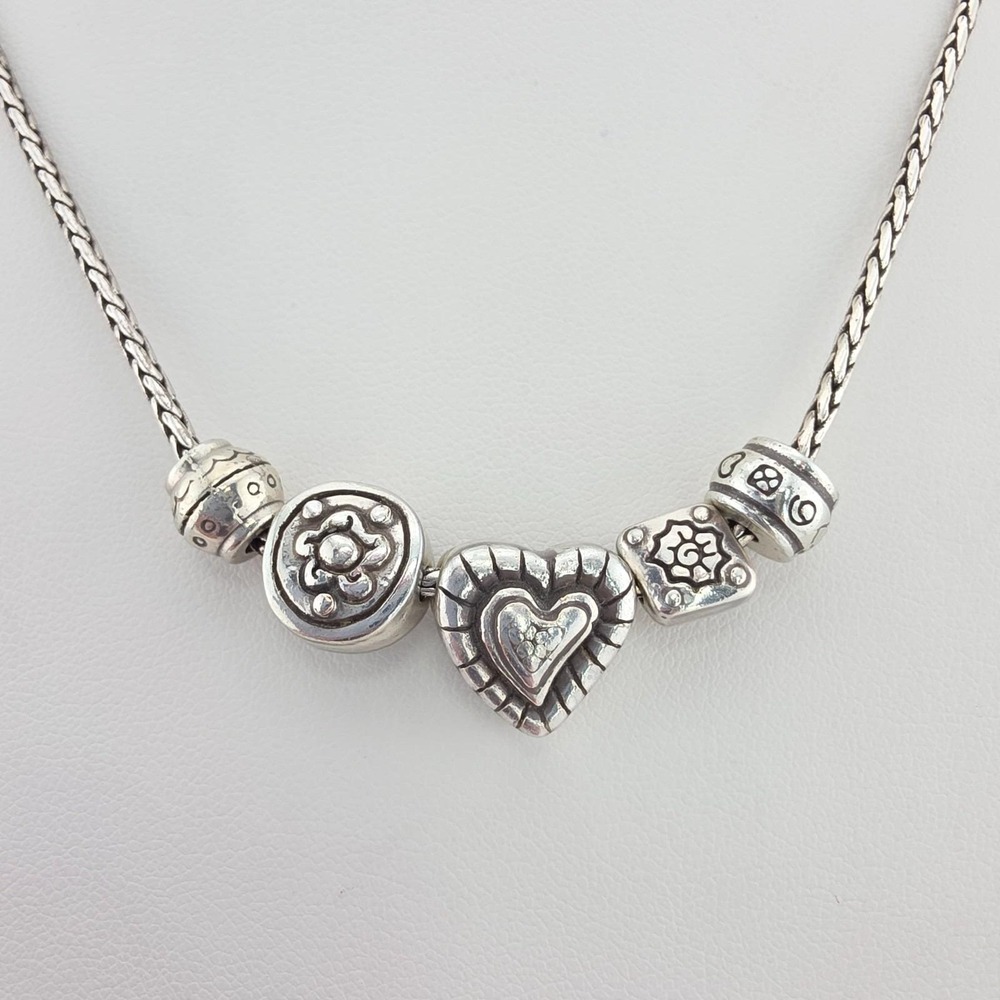 BRIGHTON 5 Charms Necklace Puffy Heart Etched Flower Scrollwork Silver Plate 18"